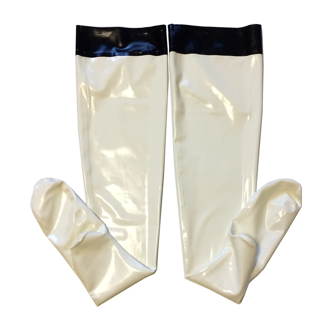 Medias de látex transparentes con adornos negros para hombres y mujeres, mallas fetichistas empalmadas de goma, S-LA086