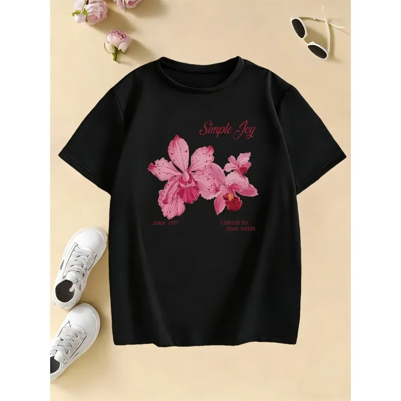 Graphic Flower Pure Cotton Cartoon Printed Children's T-shirt Personalized Round Neck T-shirt New Parent-child Fashion T-shirt