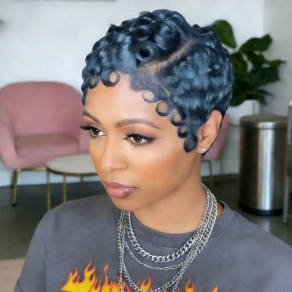 

Short Wig For Women Human Hair 13x4 Lace Front Wig Curly Wave Pixie Cut Wig For Women 99J,1B Short Wigs For Women