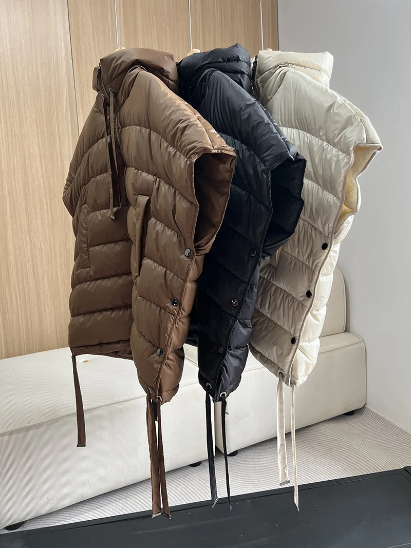Schinteon Women 90% White Duck Down Irregular Vest with Hood Sleeveless Jacket Solid Fashionable Autumn Winter Top 2025 New