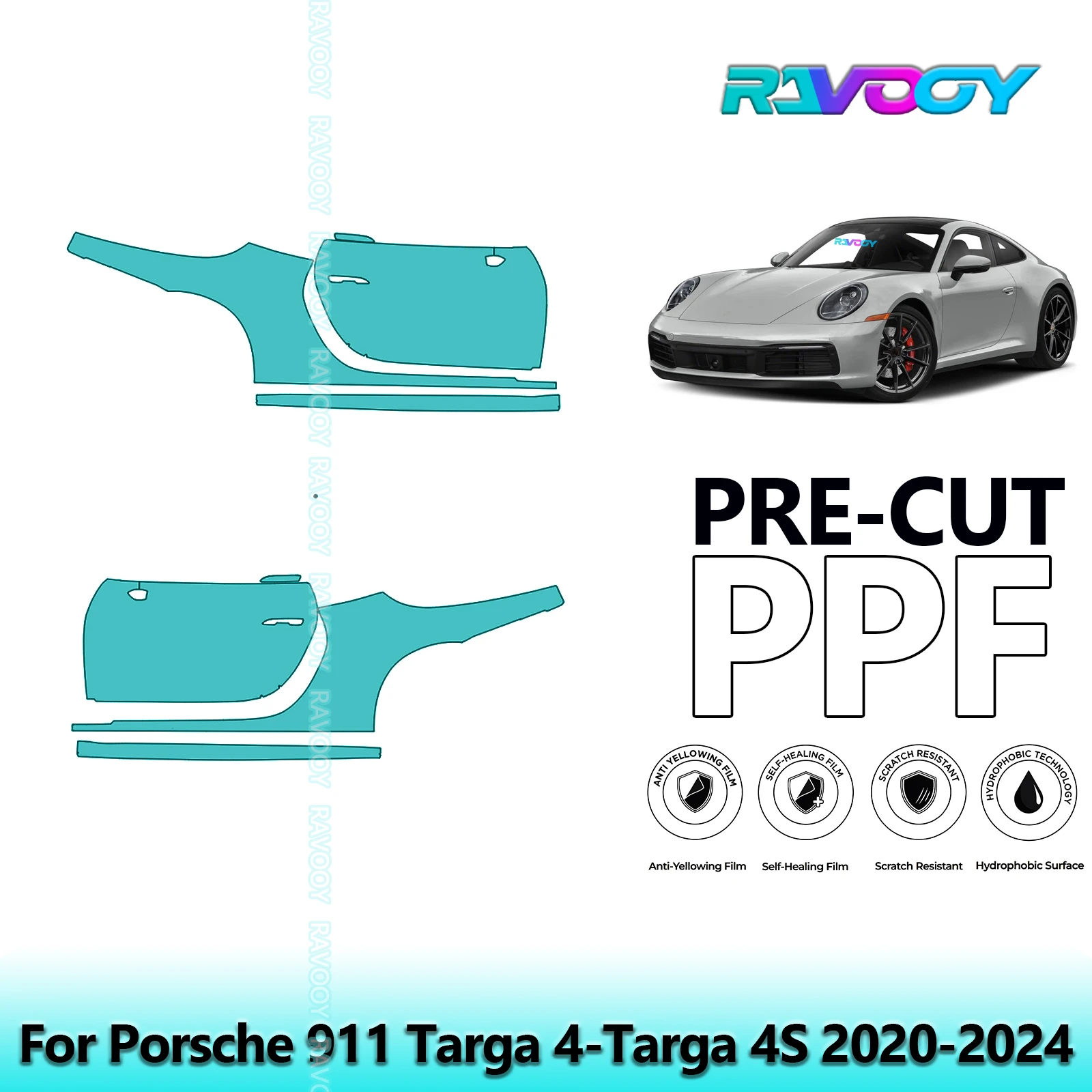 

For Porsche 911 Targa 4-Targa 4S 2020-2024 8.5mil Clear Matte Pre-Cut PPF Door & A/B Pillar Kit TPU Paint Protection Film Set