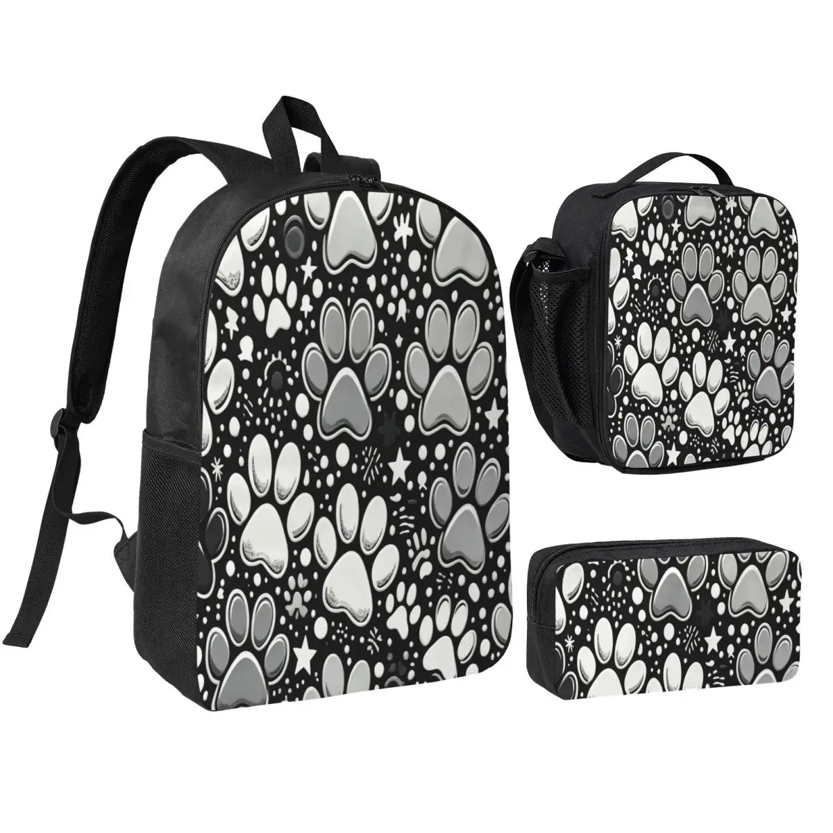 Grey Dog Paw Pattern Backpack Student BookBag School Bag Shoulder Bags 3ps Insulated Lunch Bag Pencil Case