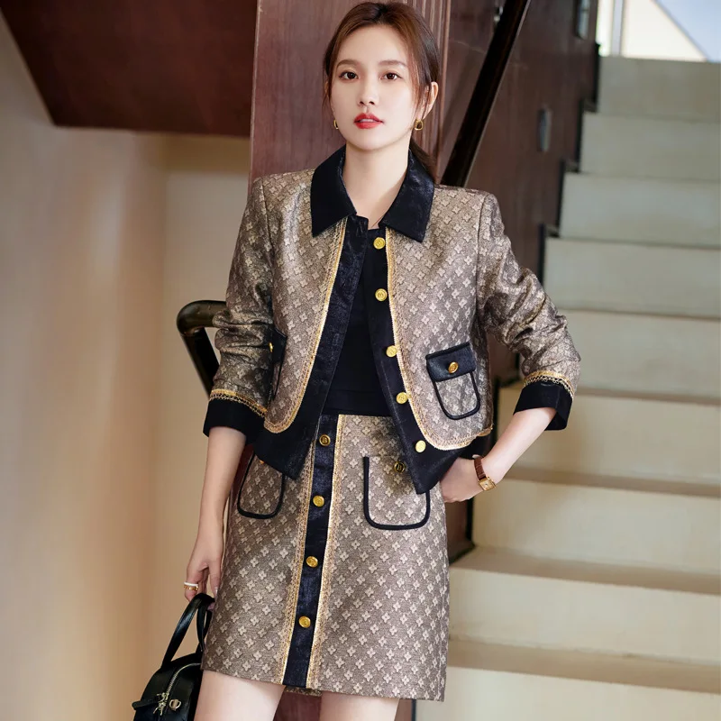 2024Spring and Autumn New Western Style Suit Jacket Women's Temperament Small Size Short Long Sleeve Top Skirt Two-Piece Suit