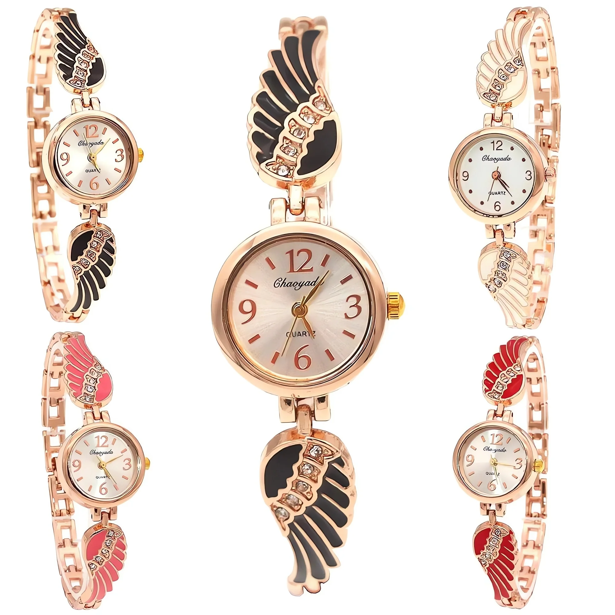 Colorful Angel Wing Band Crystal Rhinestone Dress Watch for Women Girls Quartz Hour Wristwatch