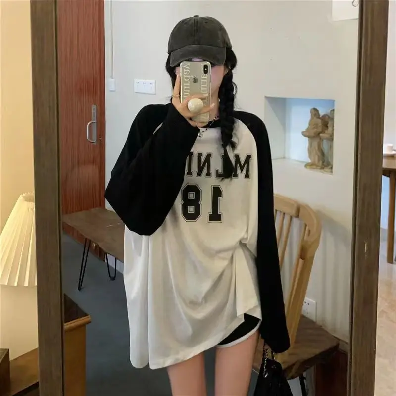 Women Clothing Printing Patchwork Contrast Tops Tees Summer New Long Sleeve Letter Thin All-match Trend T Shirts Casual Fashion