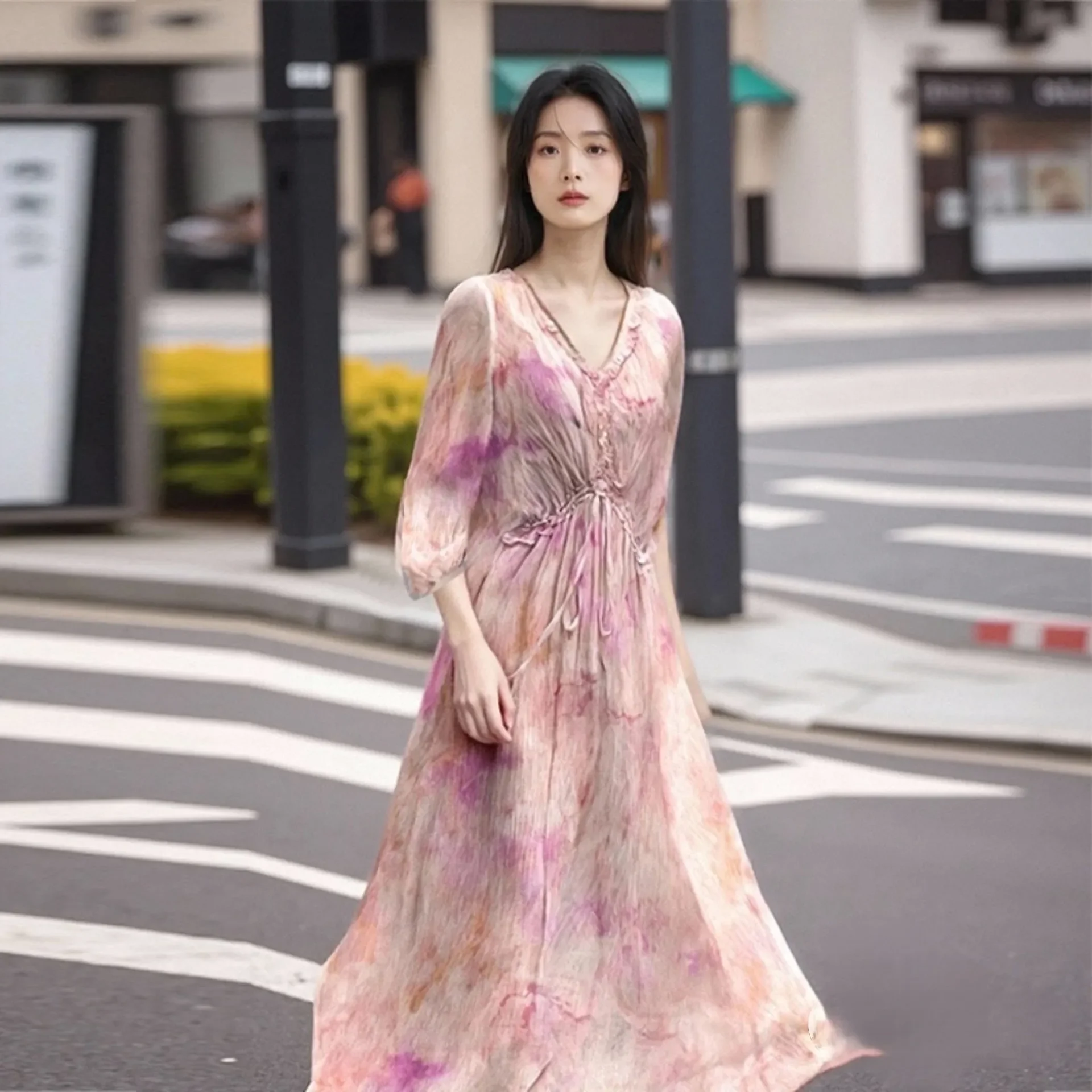 

Новая летняя женская шифоновая юбка трапециевидной формы с цветочным принтом, простой дизайн, длина Seven Sve, другое платье