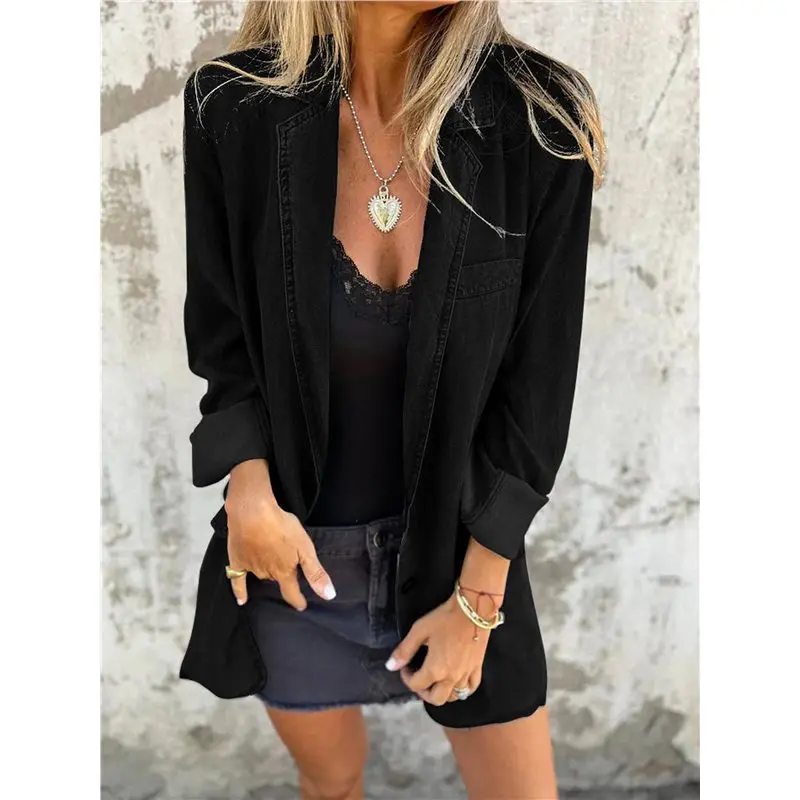 IALJ-سترة نسائية من قماش الدنيم بأزرار وأكمام طويلة وطية صدر السترة كاجوال فضفاضة من قماش الدنيم