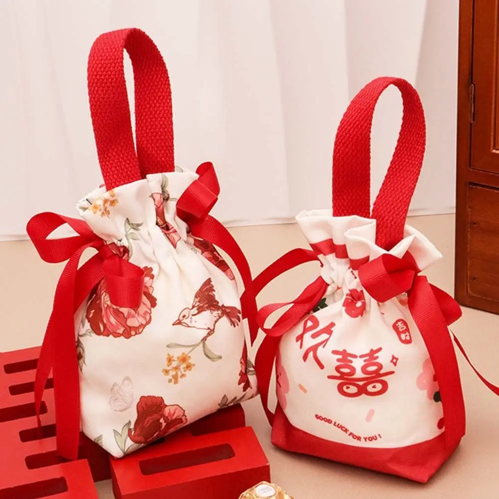 Bird Canvas Drawstring Bag Large Capacity Korean Style Small Flower Wrist Bag Wedding Candy Bag Storage Bag Festive Sugar Bag