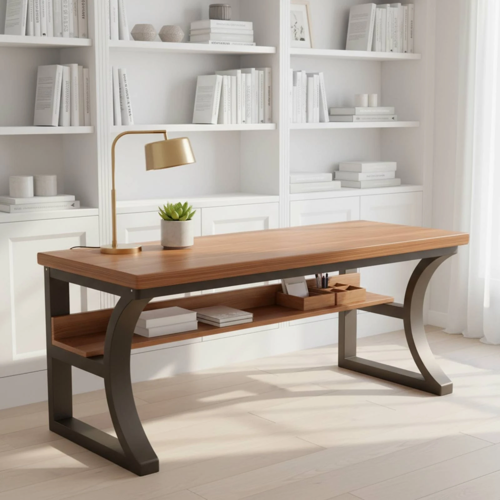 Desk with Pegboard Storage Dark Walnut Desk with Bookshelf Office Furniture Black Frame Stable Structure