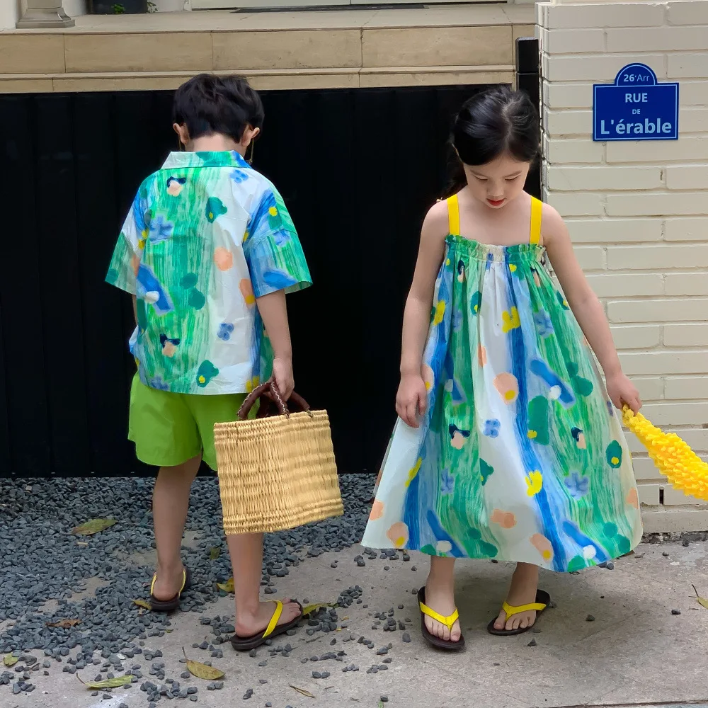 2026 Summer Sibling Matching Outfits Kids Tropical Print Set Boy Short Sleeve Button Down Shirt Girl Dress Casual Beach Wear