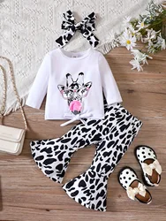 0-2 year old new baby girl spring and autumn round neck pullover long sleeved top with printed trumpet pants set