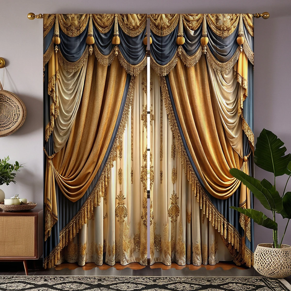 2pcs HD digital dark green color system vintage luxury embroidery curtains home decorating style decoration living room bedro