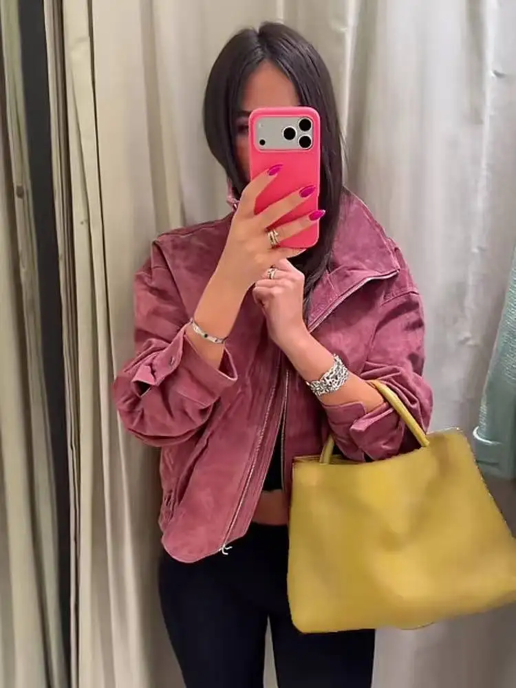 Women Stand Collar Leather Pilot Jacket Red Zipper Cropped Coat Fashion Casual Fashion Outerwear 2026 New Arrival Streetwear