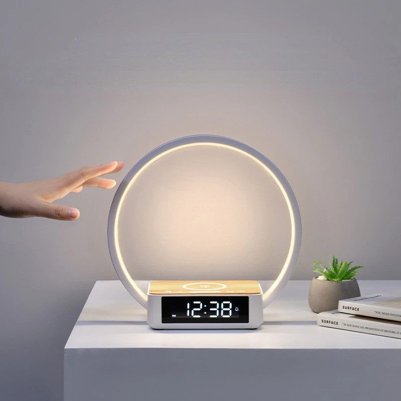 

2024 Touch Sensor Wake Up Night Light Dimmer 12v 5W 10W 5 in 1 Alarm Clock Wireless Charger Led Bedside Table Lamps