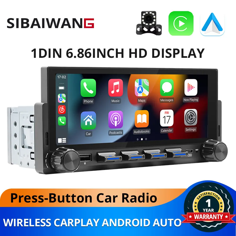 

1Din Car Radio CarPlay 60W*4 Wireless Android Auto Car Stereo 6.86" Bluetooth Multimedia MP5 Player Type-C Fast Charging FM