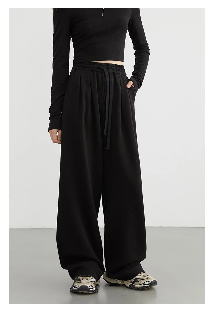 CHIC VEN Women's Pant Streetwear Solid Loose New Drawstring Sports Casual Trousers High Waisted Pants Autumn Winter 2025