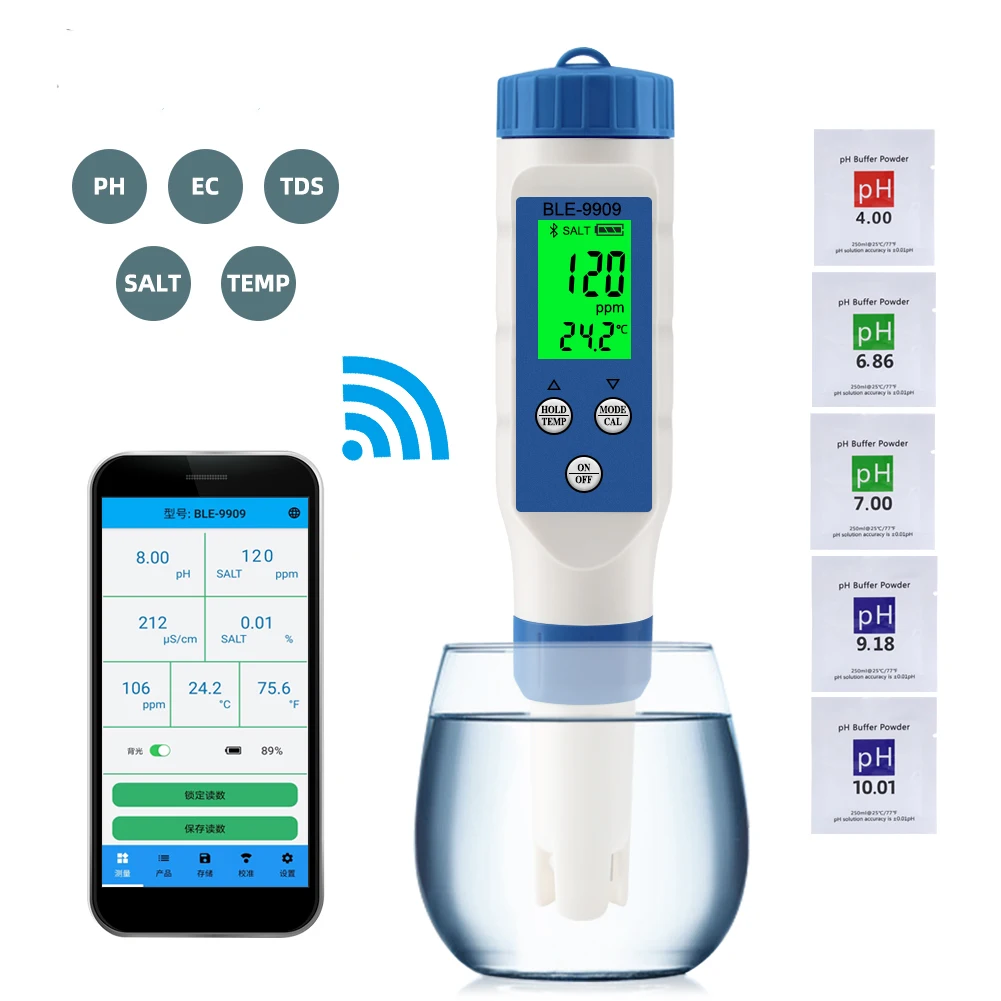 

BLE-9909 Intelligent Bluetooth Salinity Meter Water Quality Test Pen PH Meter for Aquariums Pool Fish Tank Seafood Aquaculture