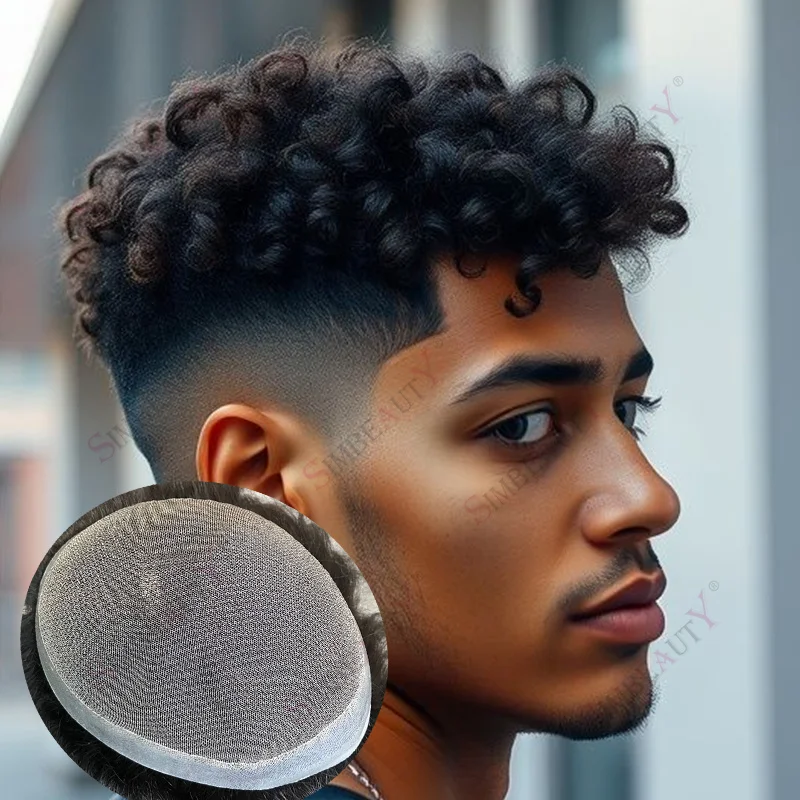 

Мужские парики 18 мм, афро-натуральные человеческие волосы, дышащие австралийские кружевные и полиуретановые основы, 22 мм, вьющиеся мужские волосы, система натуральных волос