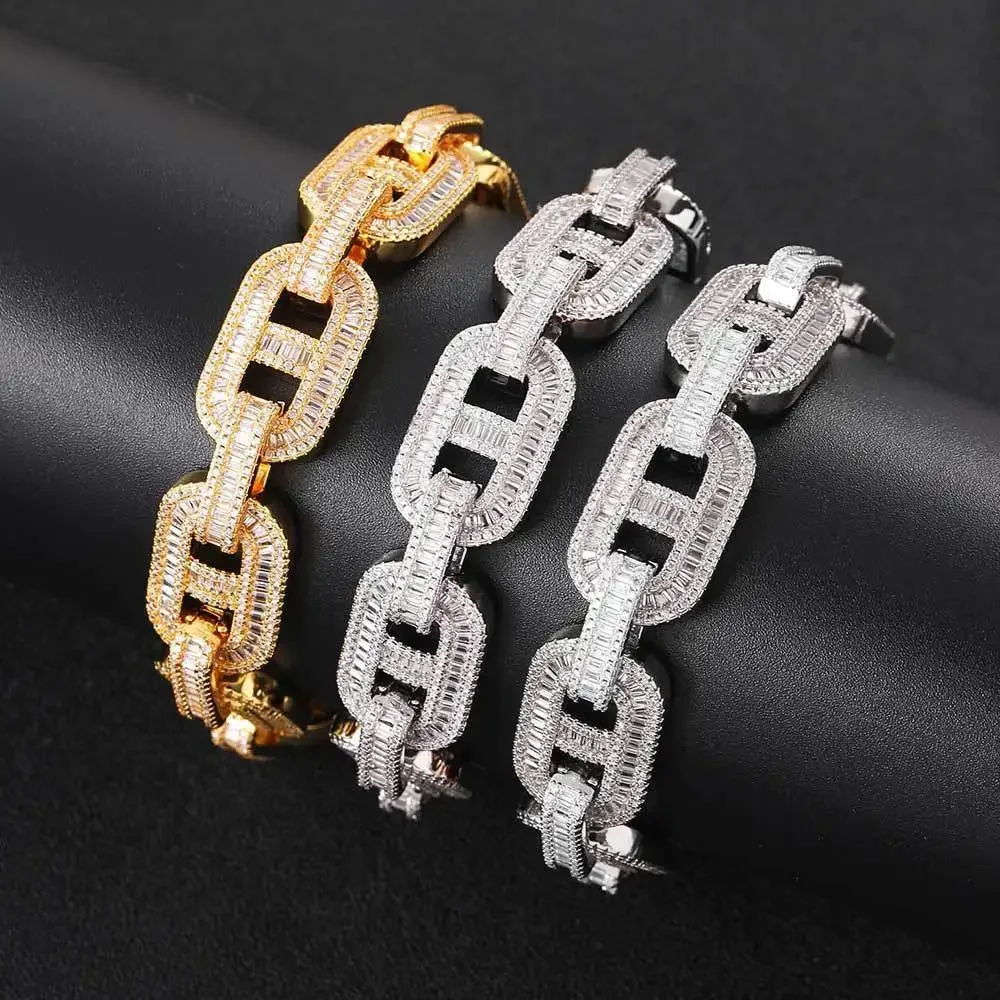 

15mm cuban bracelet Gold 14k Plated Hip hop Zircon Jewelry Pig Nose link chain necklace