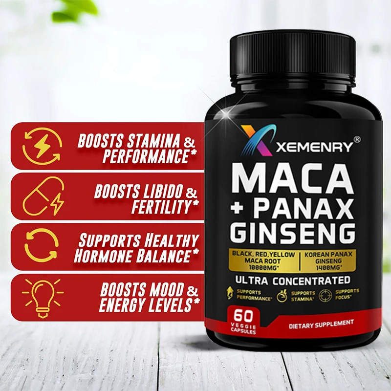 Cápsulas de raiz de maca natural Xemenry - contém ginseng Panax coreano - super concentrado 20:1, raiz de maca peruana 120 cápsulas