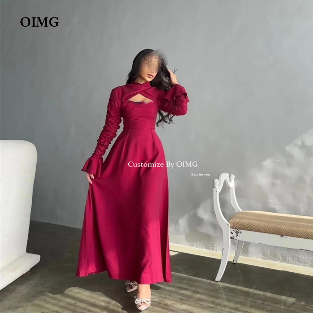 

OIMG Vintage Fusica A Line Evening Night Party Dresses High Neck Long Sleeves Ankle Length Lady Simple Formal Party Prom Gown