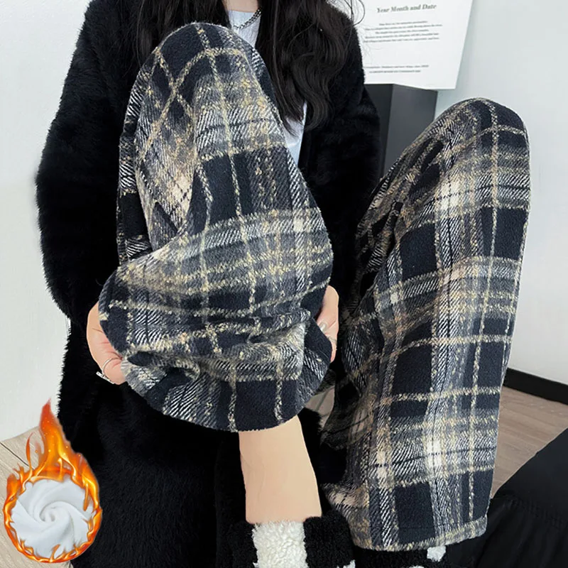 سراويل رياضية نسائية عصرية منقوشة غير رسمية مستقيمة سراويل نسائية مرنة عالية الخصر بالإضافة إلى سراويل مخملية دافئة سراويل فضفاضة للطلاب