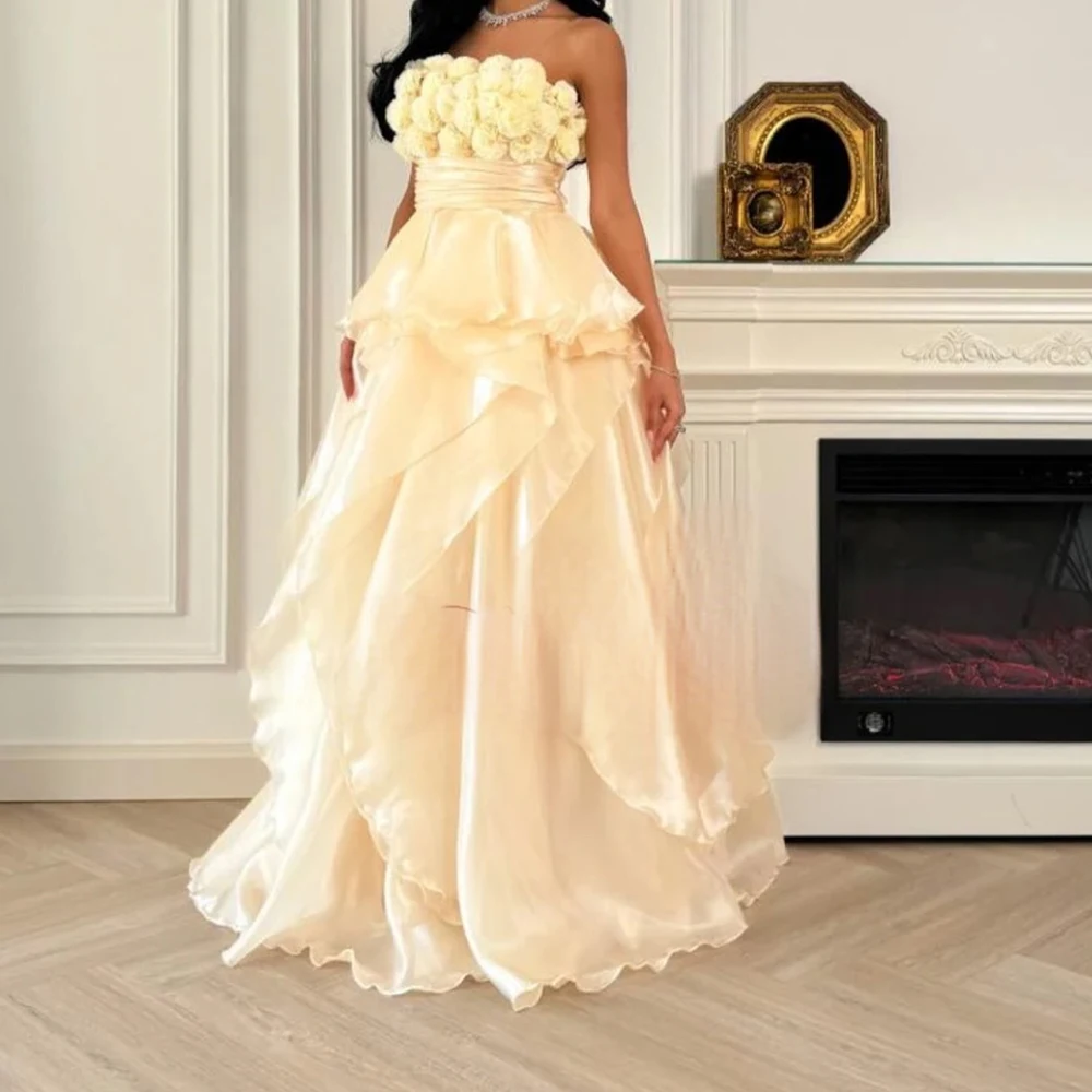 Temperament Satin A-Line 3D Flowers Evening Dress Luxury Floor Length Strapless Sleeveless فساتين سهره نسائيه فخمة