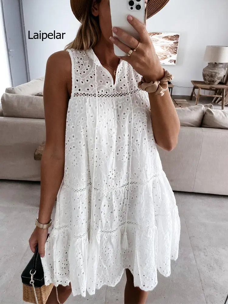 Womens Fashion Short Sleeve Ruffle Loose Beach Dress Elegant Single Breasted Shirt Dress Sexy Embroidery Hollow Out Mini Dresses