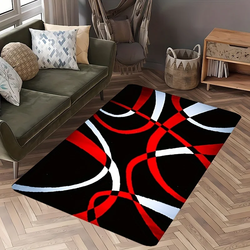 Modern Abstract Flannel Rug Red Black White Curved Line Area Carpet Soft Non-slip Floor Mat for Living Room Bedroom Home Decor - view 5