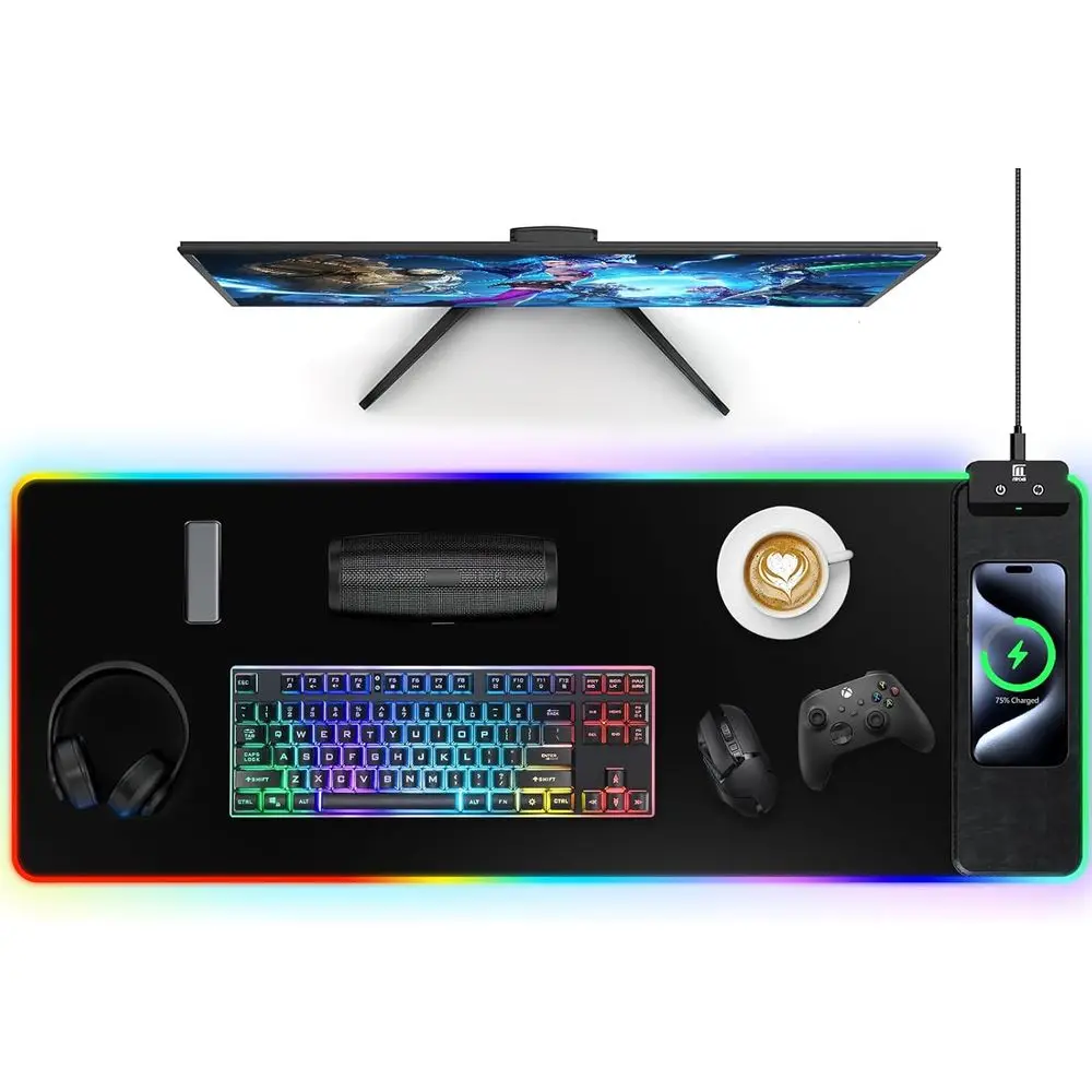 

RGB LED Gaming Mouse Pad with Wireless Charging, Large Desk Mat, Ultra-Smooth Surface, Non-Slip Base, Waterproof