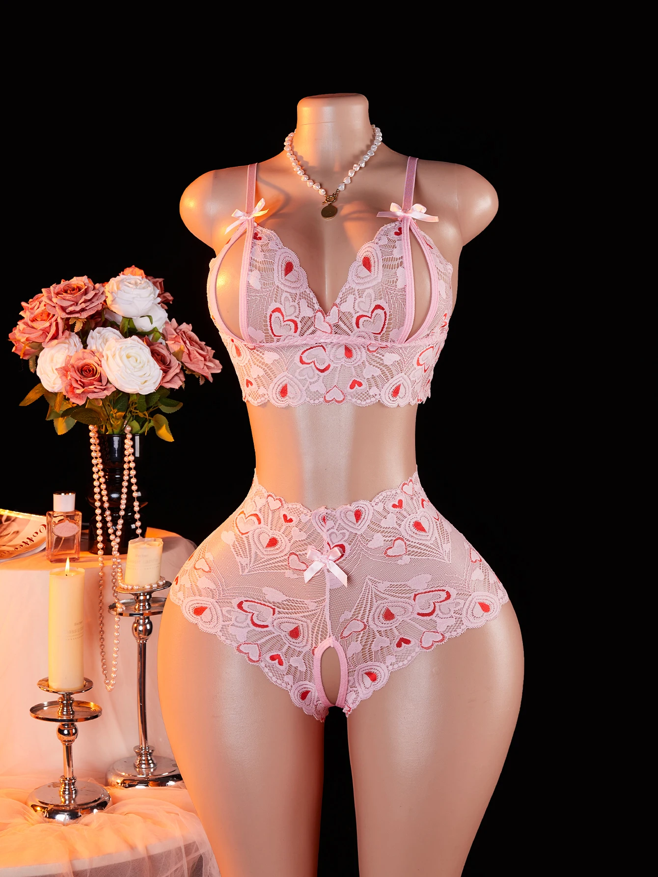 Pakaian Tidur Wanita 2-pcs Erotis, Bra Terbuka, Piyama Seksi Berbahan Renda Transparan, Motif Hati Pink, Lucu, Nyaman, Bernapas, Celana Pendek Tanpa Selangkangan