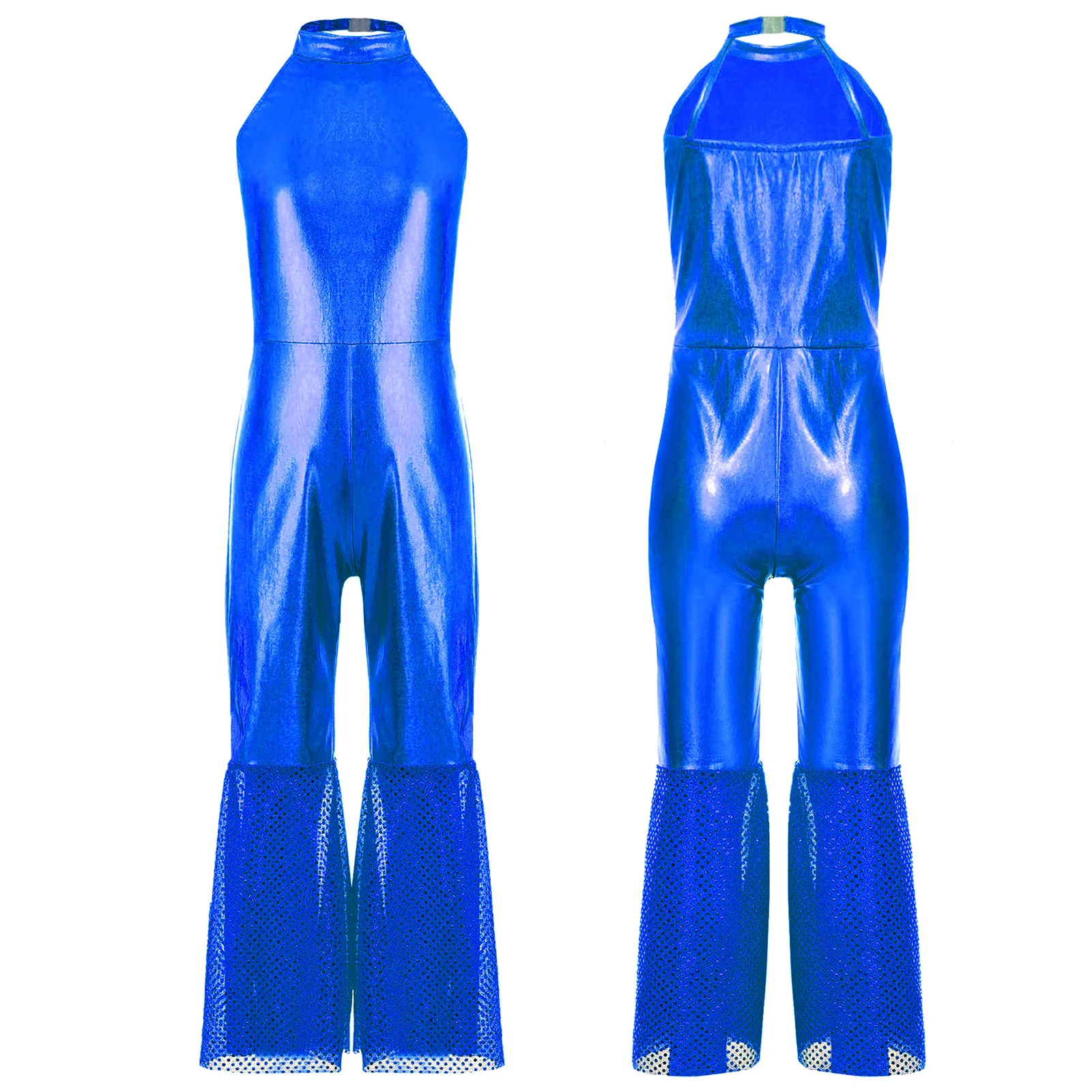 Ärmelloser Overall für Mädchen, ausgestelltes 70er-Jahre-Disco-Kostüm, Tanzbekleidung, glänzende metallische Pailletten, ausgestellter Body, Jazz-Tanz-Party-Kostüm
