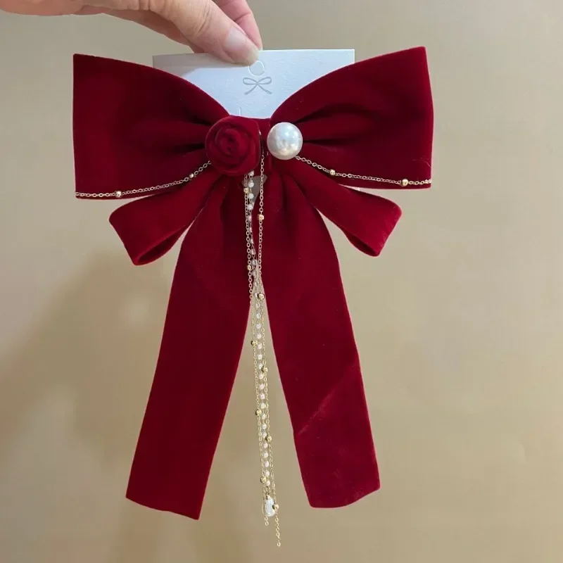 Eleganckie czerwona tkanina aksamitna kokarda spinki do włosów z frędzlami kryształowe spinki do włosów zaciski sprężynowe ręcznie robiony stroik do włosów ślubne akcesoria do włosów