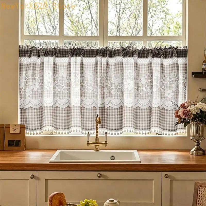 Kitchen Sink Curtain Panel with Light Filtering Fabric and Trim N84C
