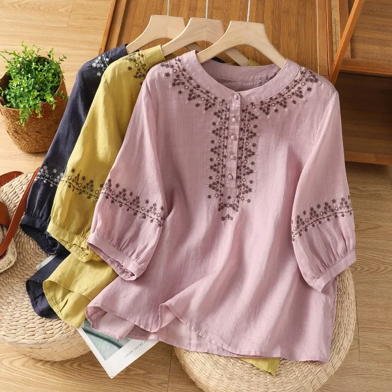 

Chinese Style Women's Blouse Vintage Embroidery Shirts Fashion Loose Summer Cotton Linen Clothing Short Sleeve Women Tops