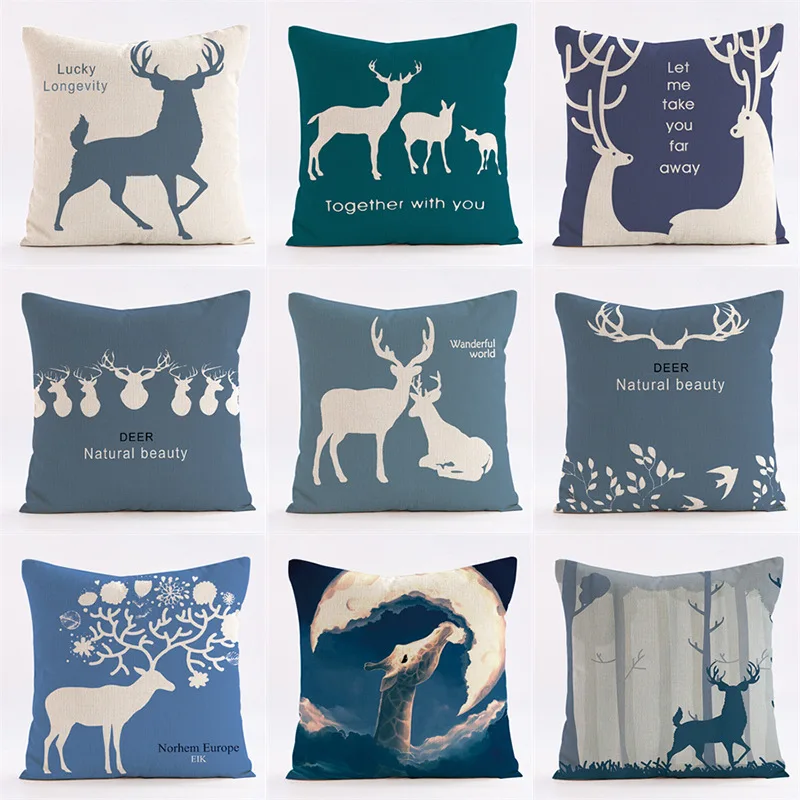 Christmas Blue Moose throw pillow cover with short plush print for living room sofa decoration cushion cover pillow covers
