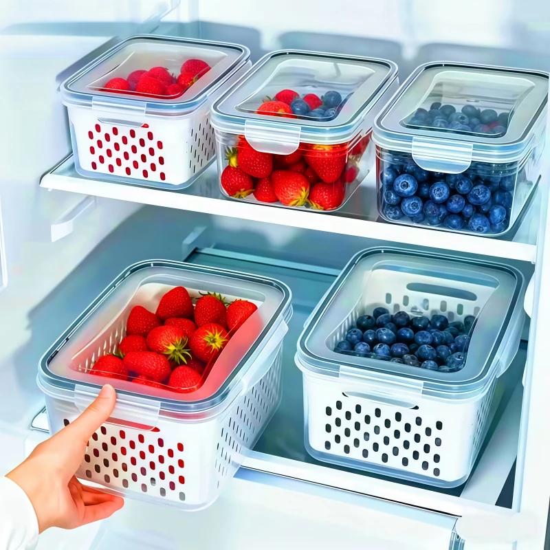 6-teiliges Set Große Frischhaltedosen für den Kühlschrank mit Abnehmbarem Sieb, Hält Beeren Länger Frisch