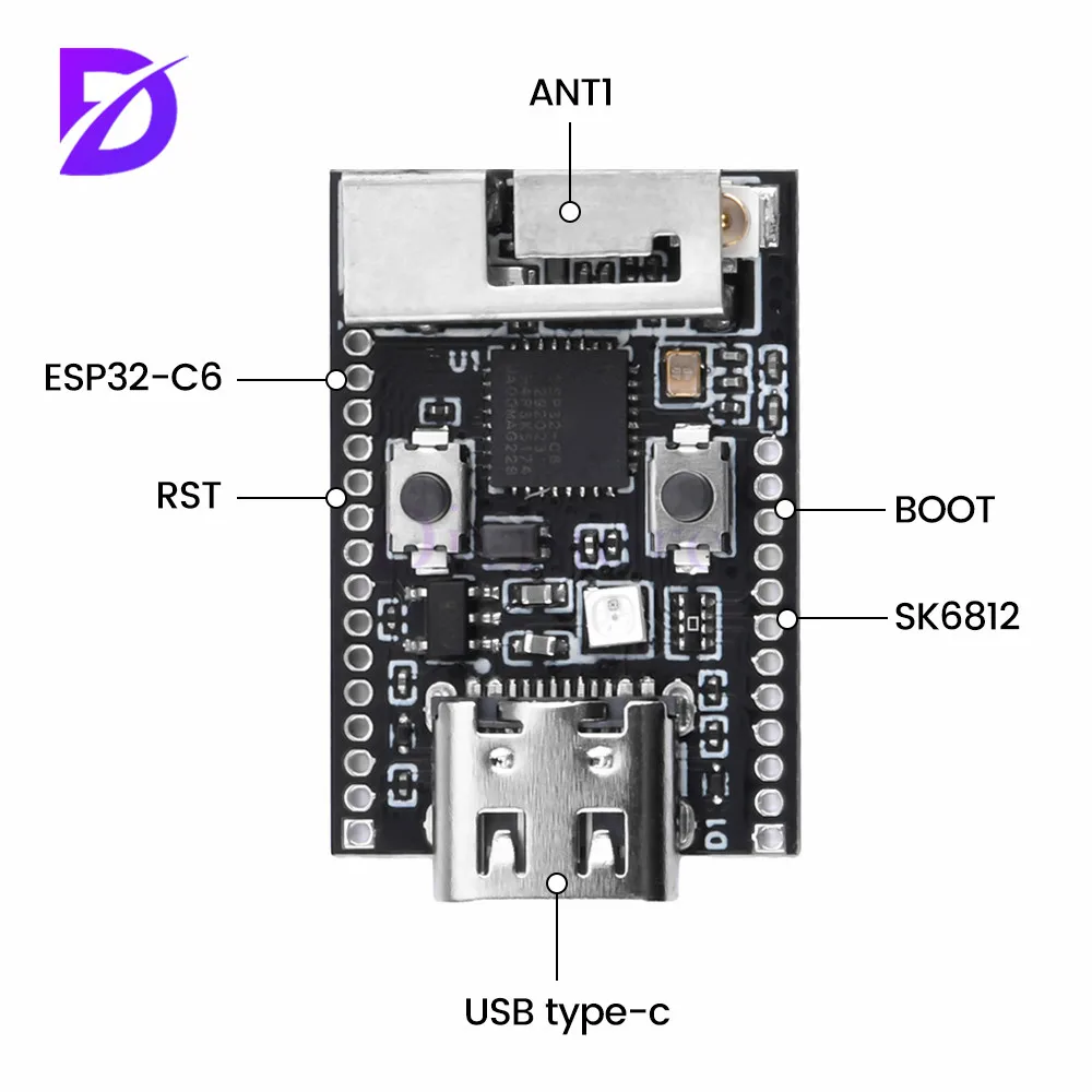 Placa de desarrollo de ESP32-C6, módulo WiFi y Bluetooth, procesador de un solo núcleo, interfaz tipo C, RISC-V de baja potencia, 32 bits, ESP32