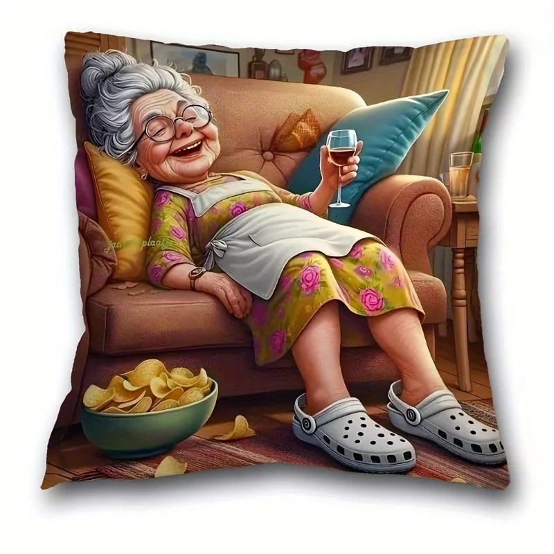 1pc Cartoon Happy Grandma Themed Printed Throw Pillow Cover, Suitable for Sofa, Bedroom, Living Room, a Fun Gift for Seniors.