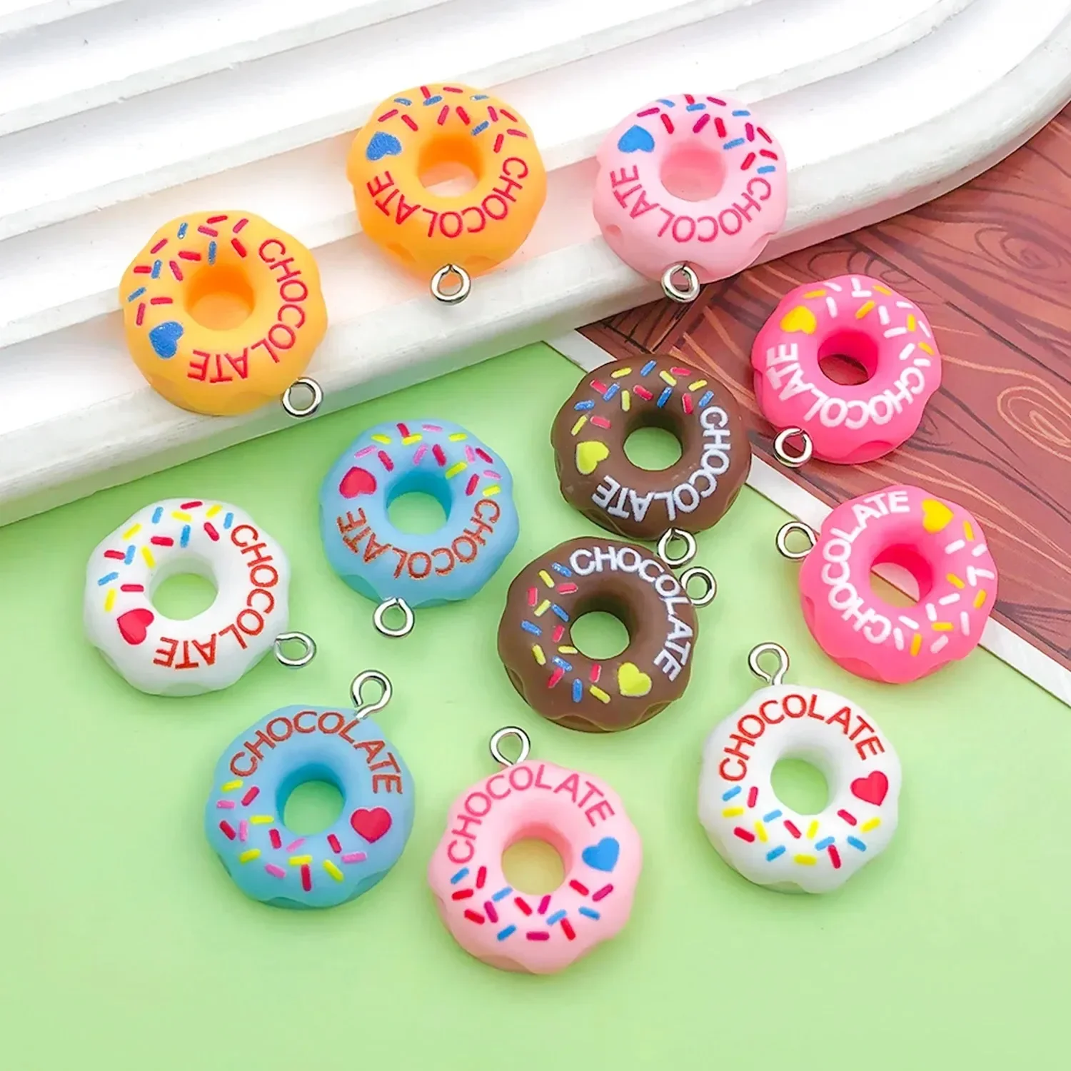 10Pcs 19×23mm Colorful Mini 3D Doughnut Pendants, Simulated Food Resin Charms for DIY Handcraft Making Supplies