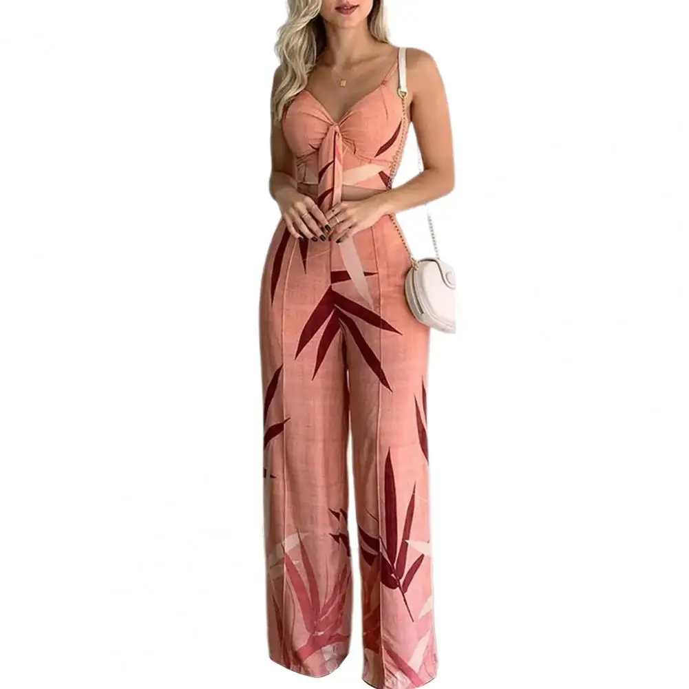 

High-waisted Pants Suit Stylish Women's Resort Wear V Neck Backless Camisole Wide Leg Pants Set For Beach Vacation For Summer