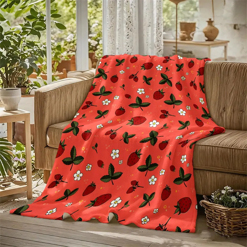Red Strawberry Print Flannel Blanket Warm Soft Halloween Christmas Decorative Couch Warm Cozy All-Season Gift