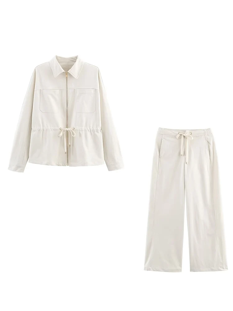 Women's Pants Sets 2 Pieces High Waist Casual Straight Leg Trousers Woman Outfit Long Sleeve Pockets Zipper Coat Solid Suit