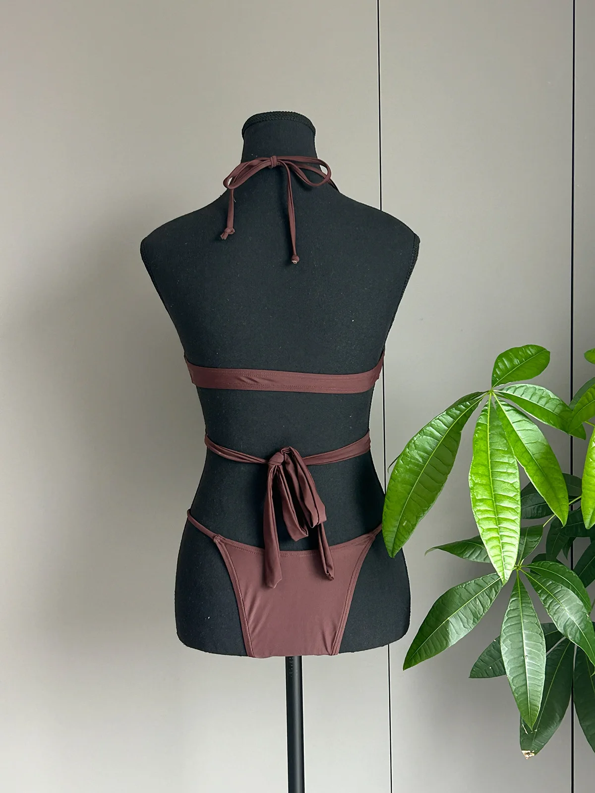 sexy brown white dot cross backless tie bikinis sets two pieces thong swimsuits bathing suit swimwear trikini biquini tankini