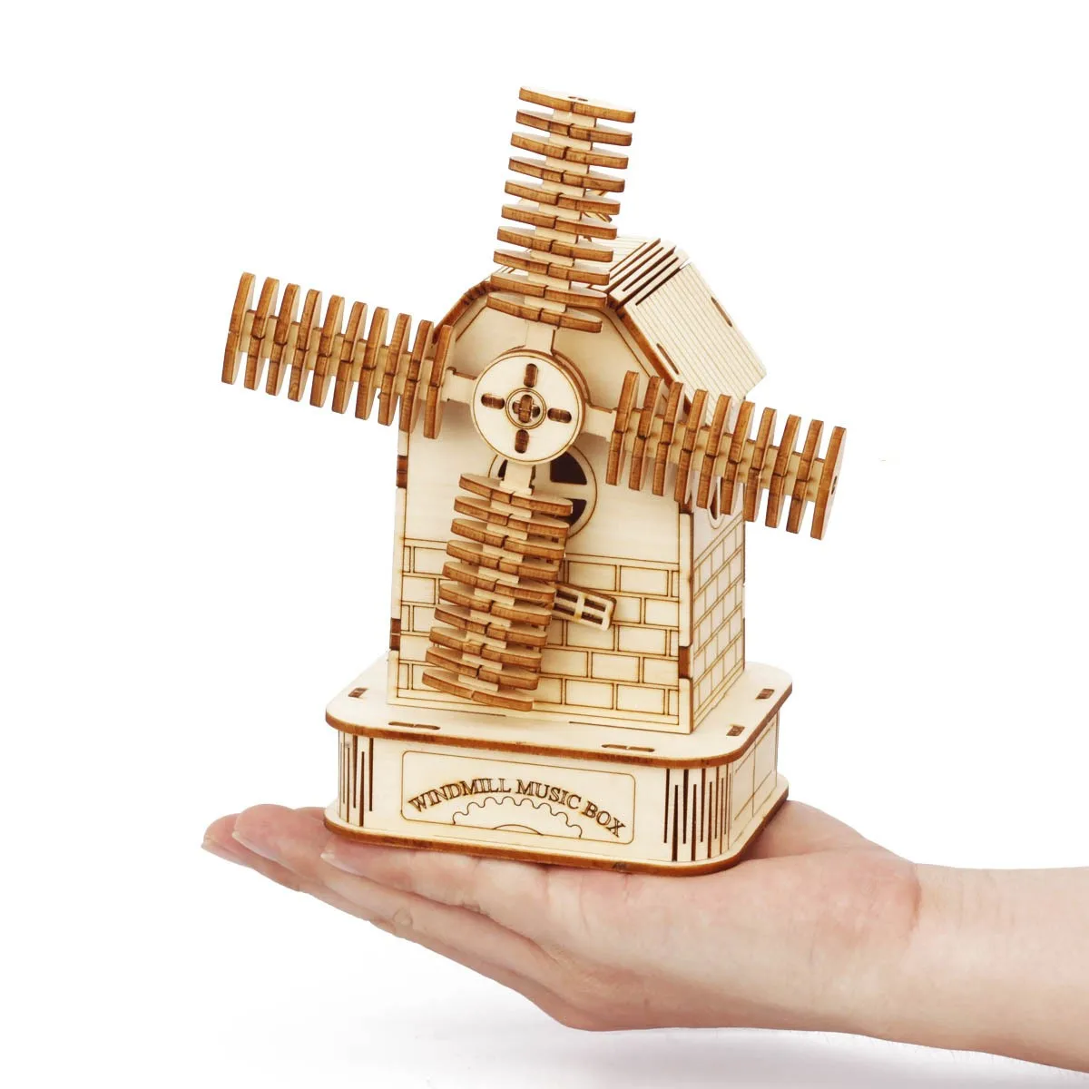 3D Windmill Music Box Puzzle - DIY Wooden Model Kit with Wind-Up Musical Movement