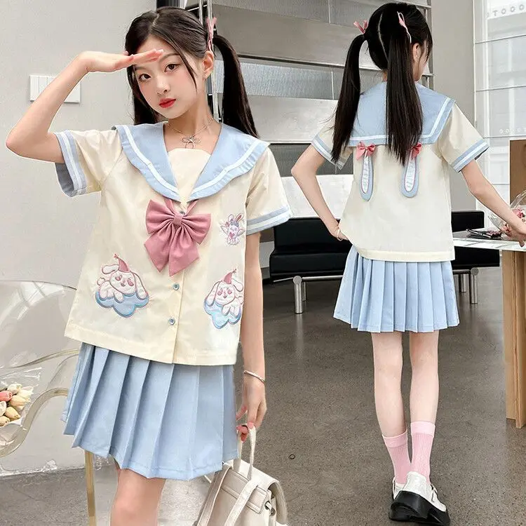 Anime Sanrios Fashion Skirt Set Cinnamoroll Kids Short-Sleeved Jk Pleated Skirt Preppy Uniform Set Summer Korean Child Clothes