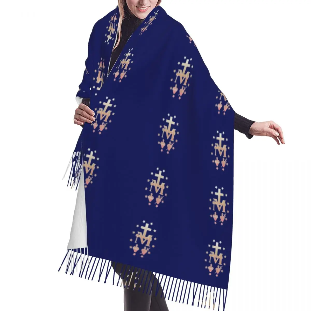 Custom Miraculous Medal Scarf Wrap for Women Long Winter Warm Tassel Shawl Unisex Medal of Our Lady of Grace Versatile Scarves