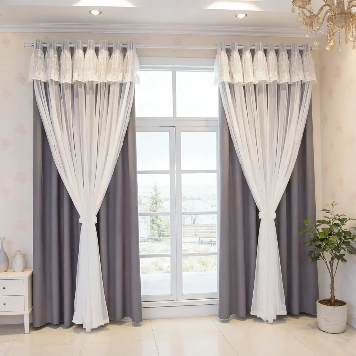 Gray Double Layer Lace Curtains, Punch Hole High Shading Window Drapes with Star Lace Valance for Bedroom Living Room