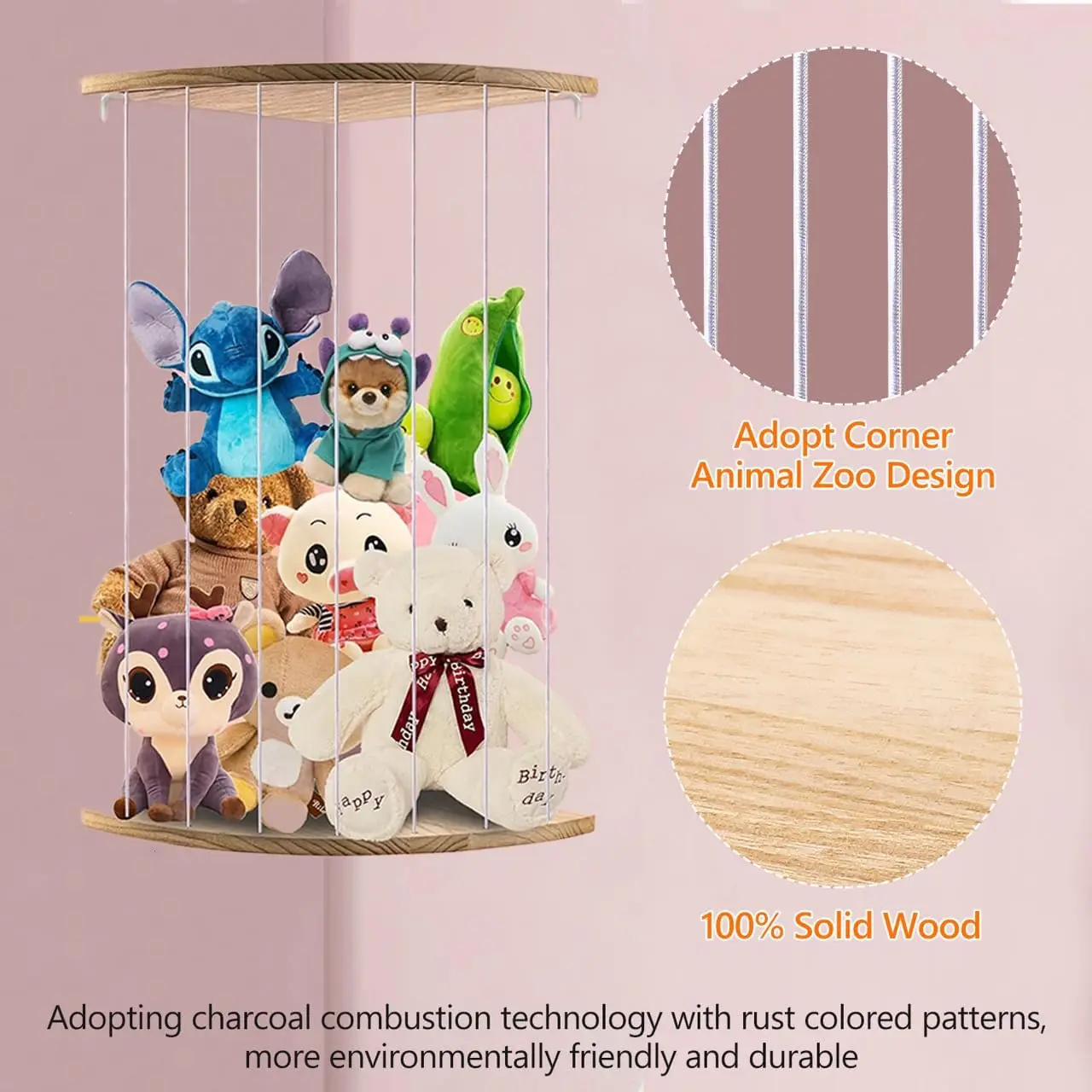 Immagine 6: Organizzatore per peluche, scaffale angolare in legno, contenitore per mascotte, cesto portaoggetti per giocattoli e libri per la cameretta dei bambini