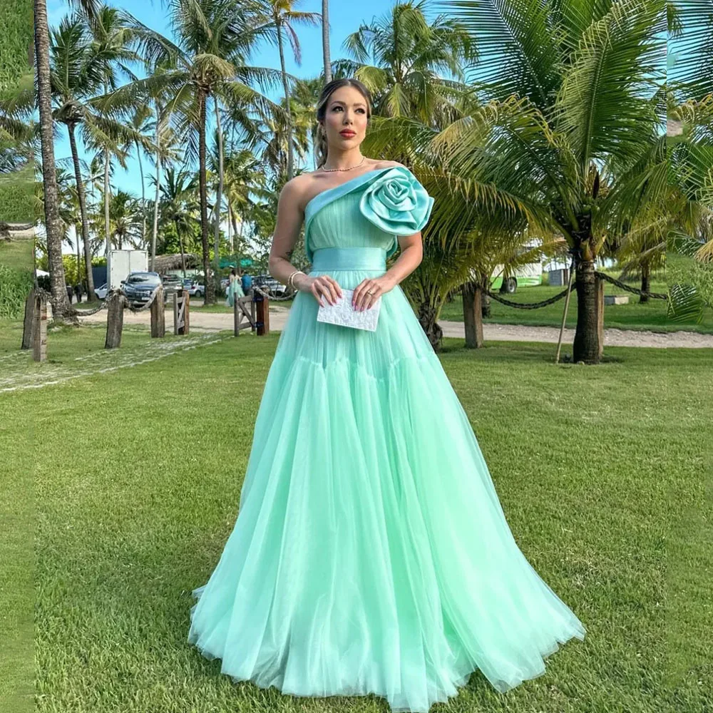 MOBEYE 2024 Long Green Flower A Line Tulle Ball Gown Satin Floor-length Evening Gown Wedding Guest Dress Women's Evening Gown